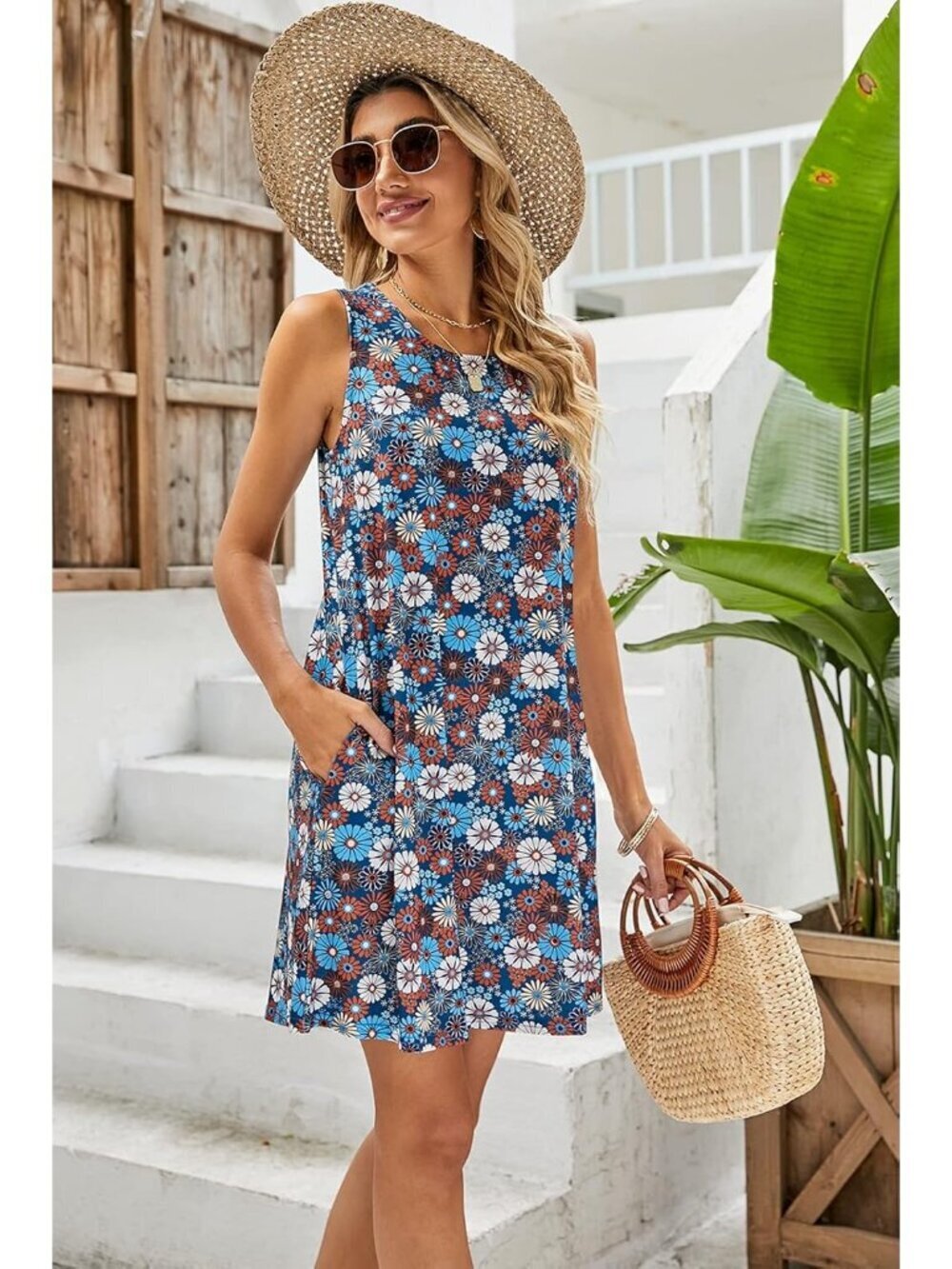 Women's Blue Floral Stylish T-shirt Sundress Casual Pockets Boho Tank Dress - Picture 2 of 6